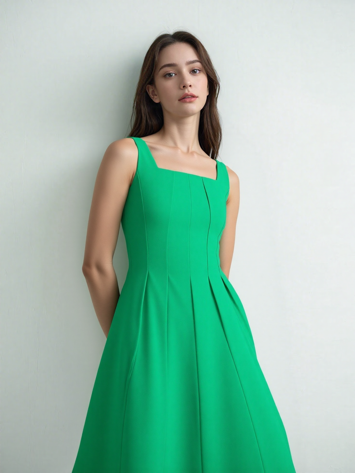Elegant Square-Neck Linen Dress – Vibrant Green