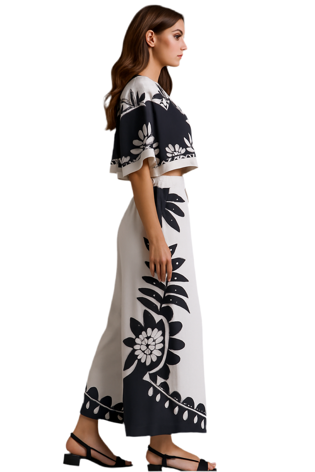 Printed Half Sleeve Top and Wide Leg Pants Set
