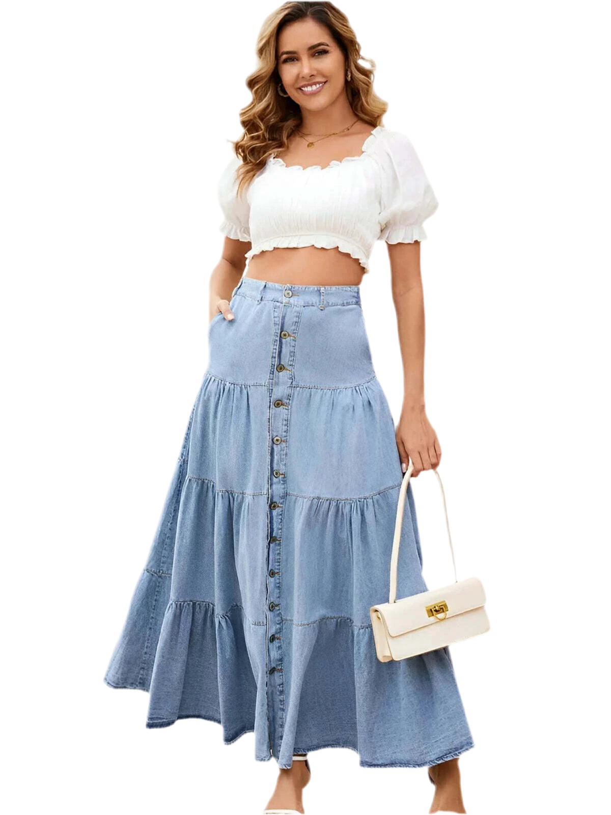 Button Front Tiered Denim Dress