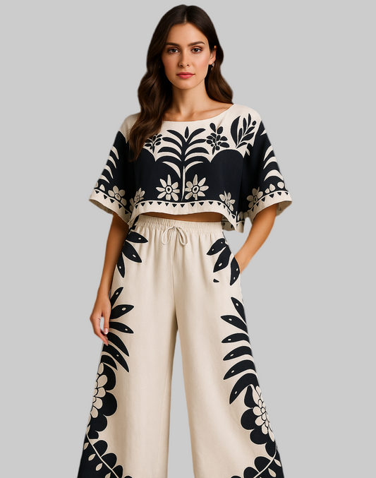 Printed Half Sleeve Top and Wide Leg Pants Set