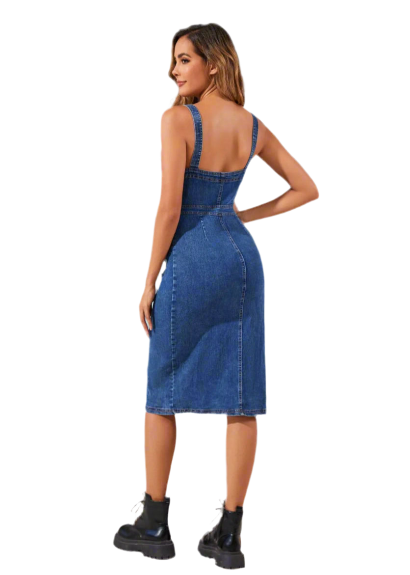 Button Front Fitted Denim Midi Dress