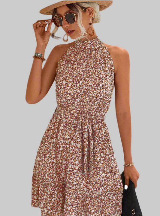 Floral Frill Trim Keyhole Sleeveless Dress