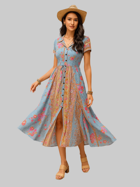 Smocked Floral V-Neck Short Sleeve Midi Dress