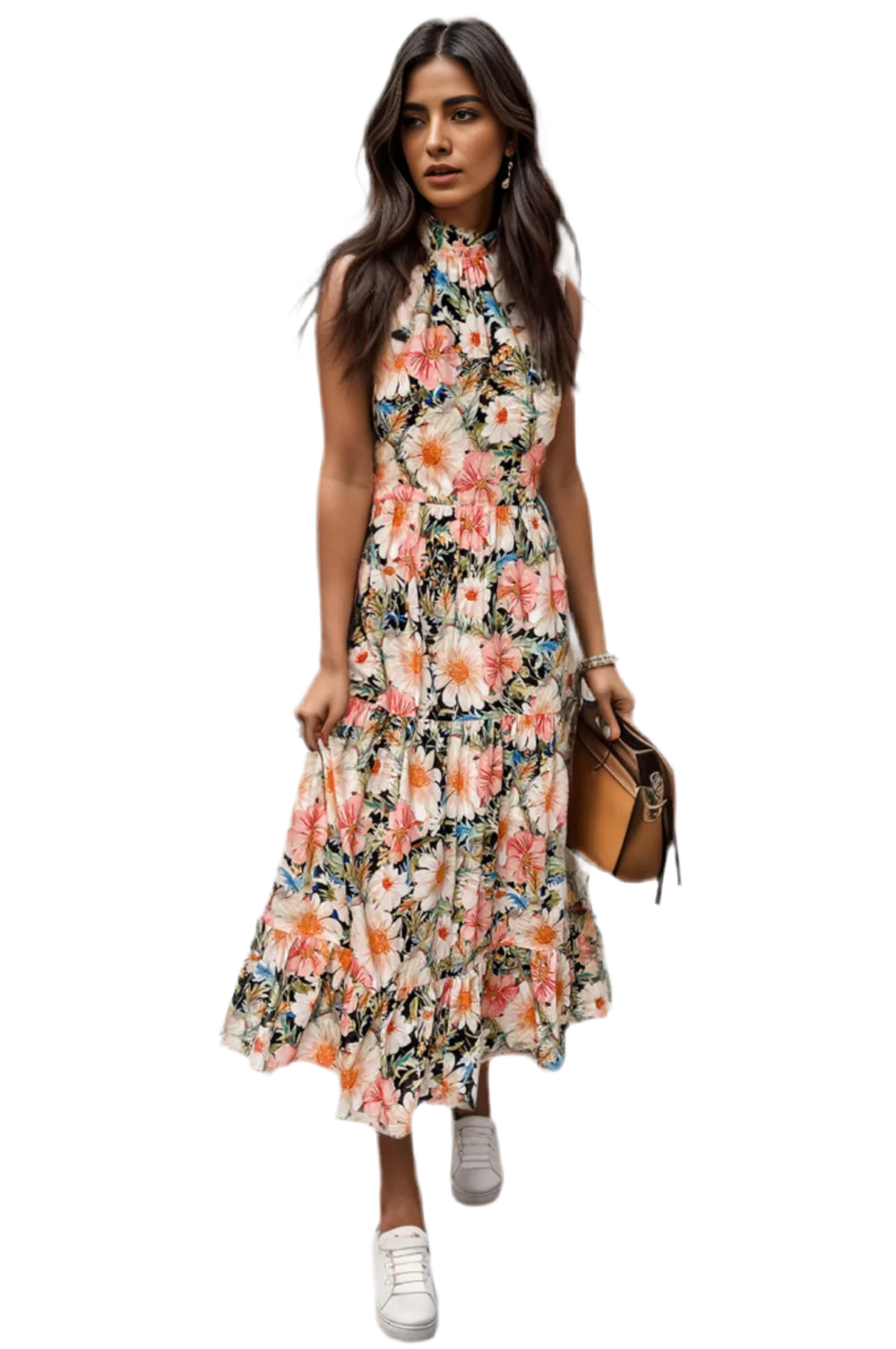 Printed Tiered Pocketed Mock Neck Midi Dress