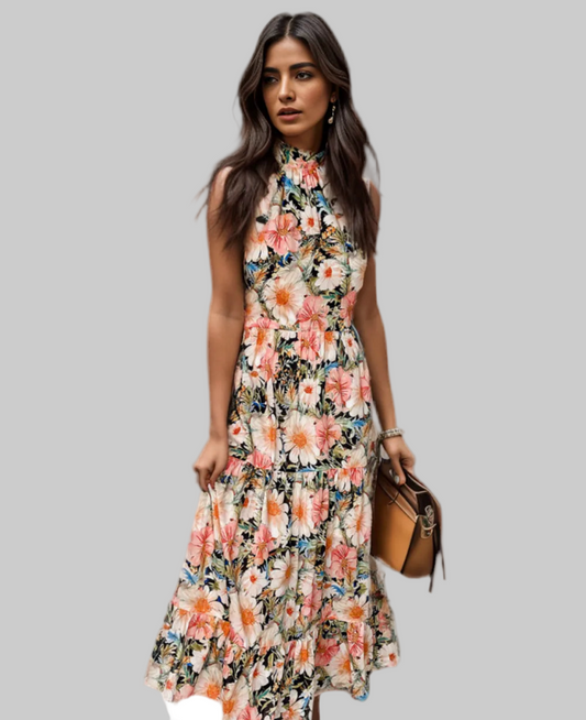 Printed Tiered Pocketed Mock Neck Midi Dress
