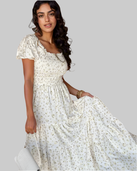 Floral Smocked Short Puff Sleeve Maxi Dress