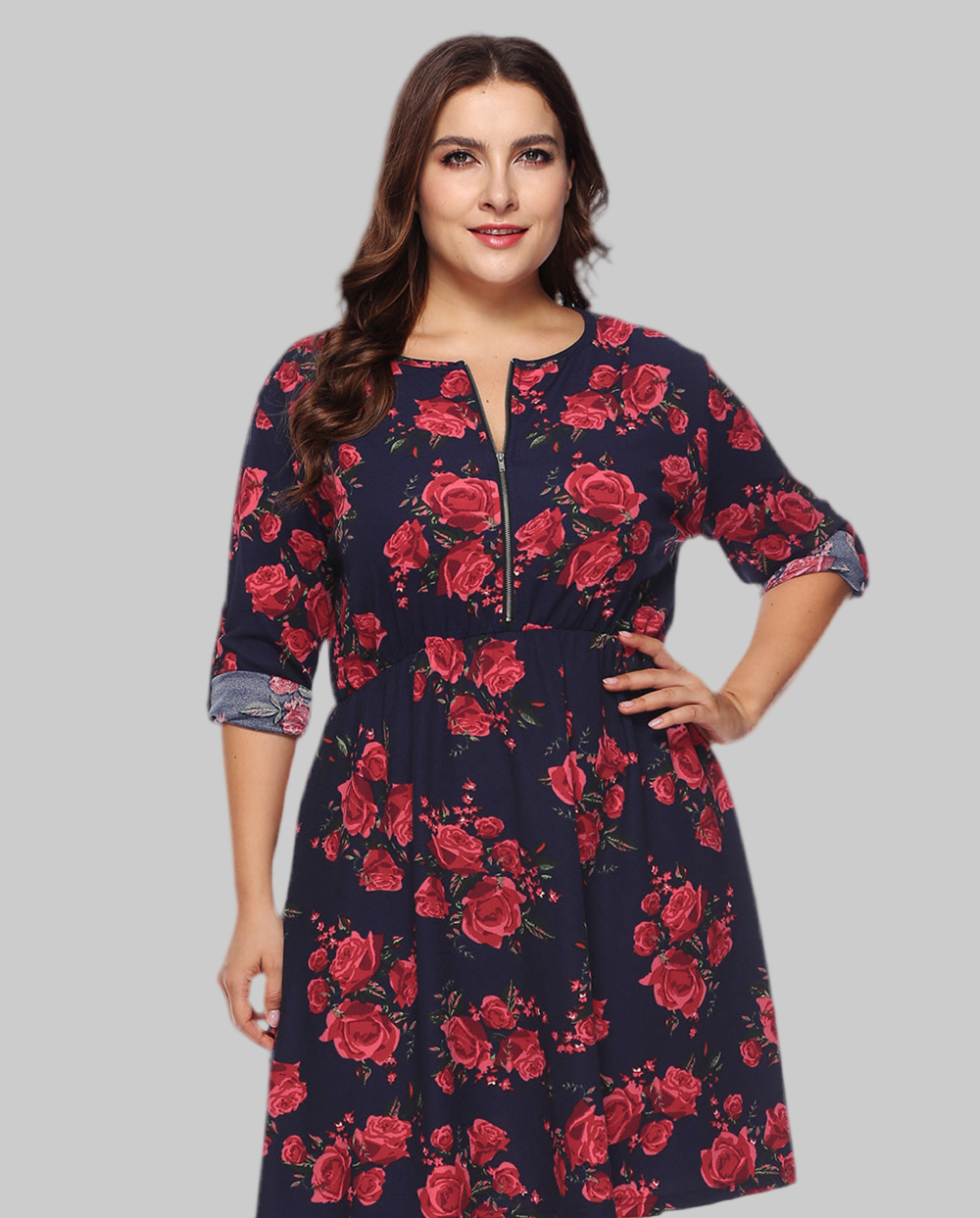 Plus Size Floral Print Half Zip Up Dress