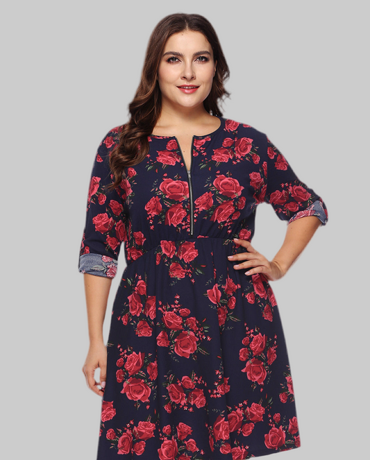Plus Size Floral Print Half Zip Up Dress
