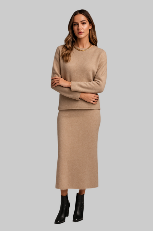 Round Neck Dropped Shoulder Top and Midi Skirt Sweater Set