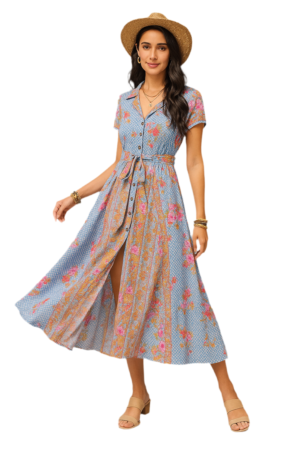 Smocked Floral V-Neck Short Sleeve Midi Dress