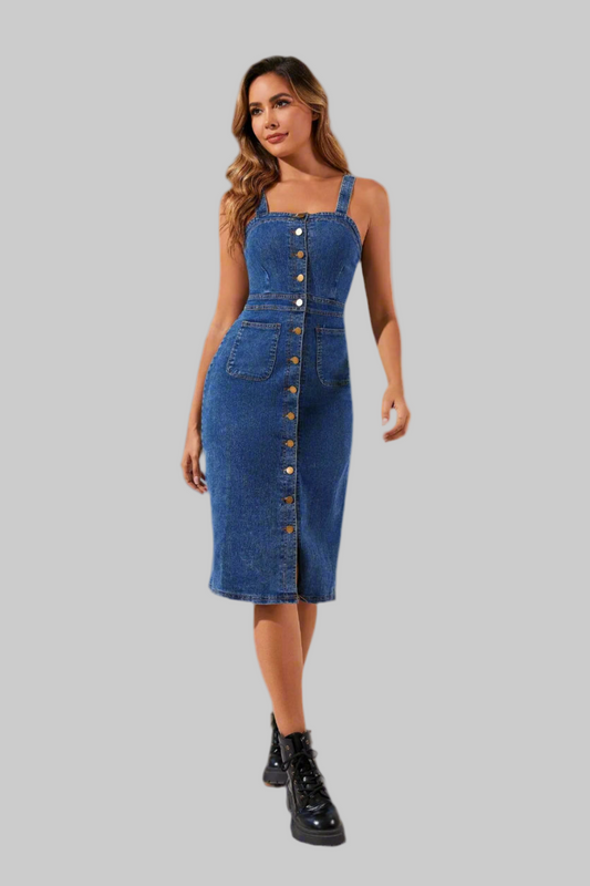 Button Front Fitted Denim Midi Dress