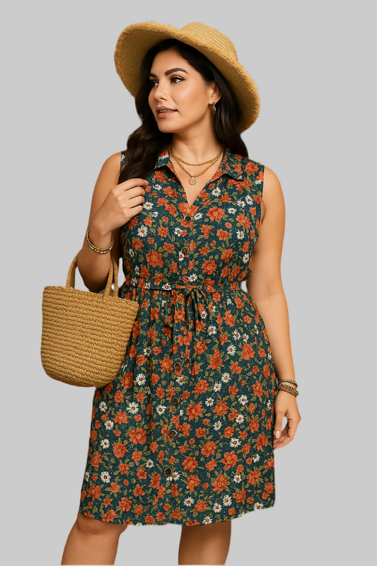 Plus Size Floral Notched Sleeveless Dress