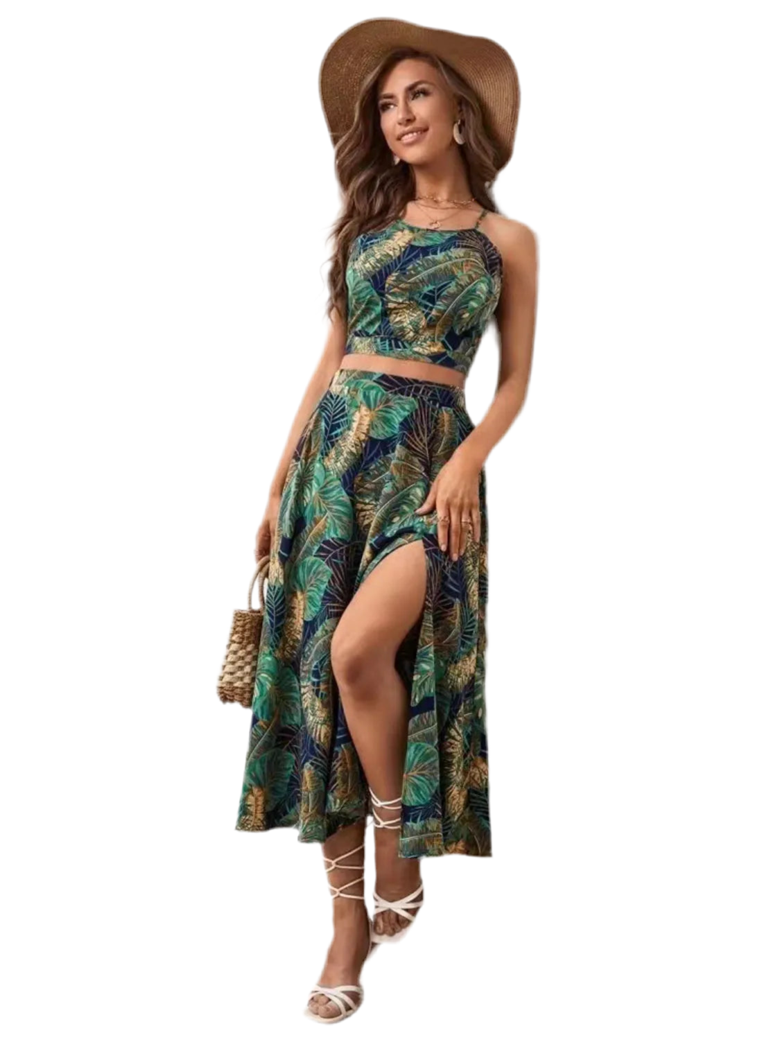 Printed Cami and Slit Skirt Set
