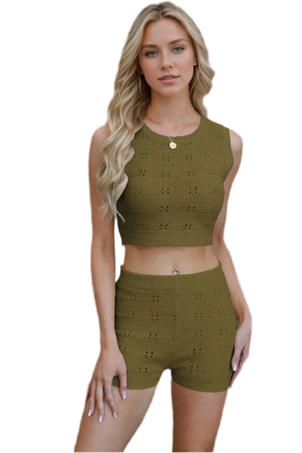 Eyelet Round Neck Tank and shorts Sweater Set