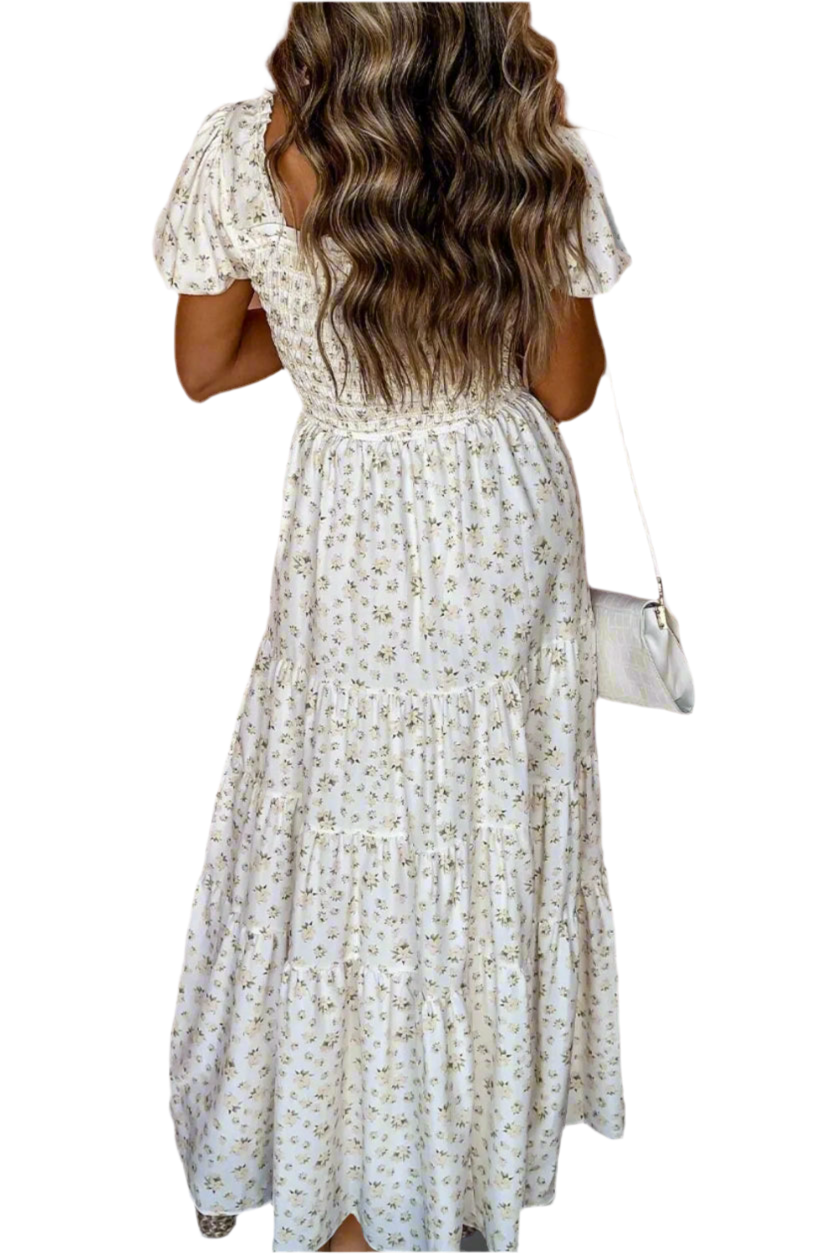 Floral Smocked Short Puff Sleeve Maxi Dress