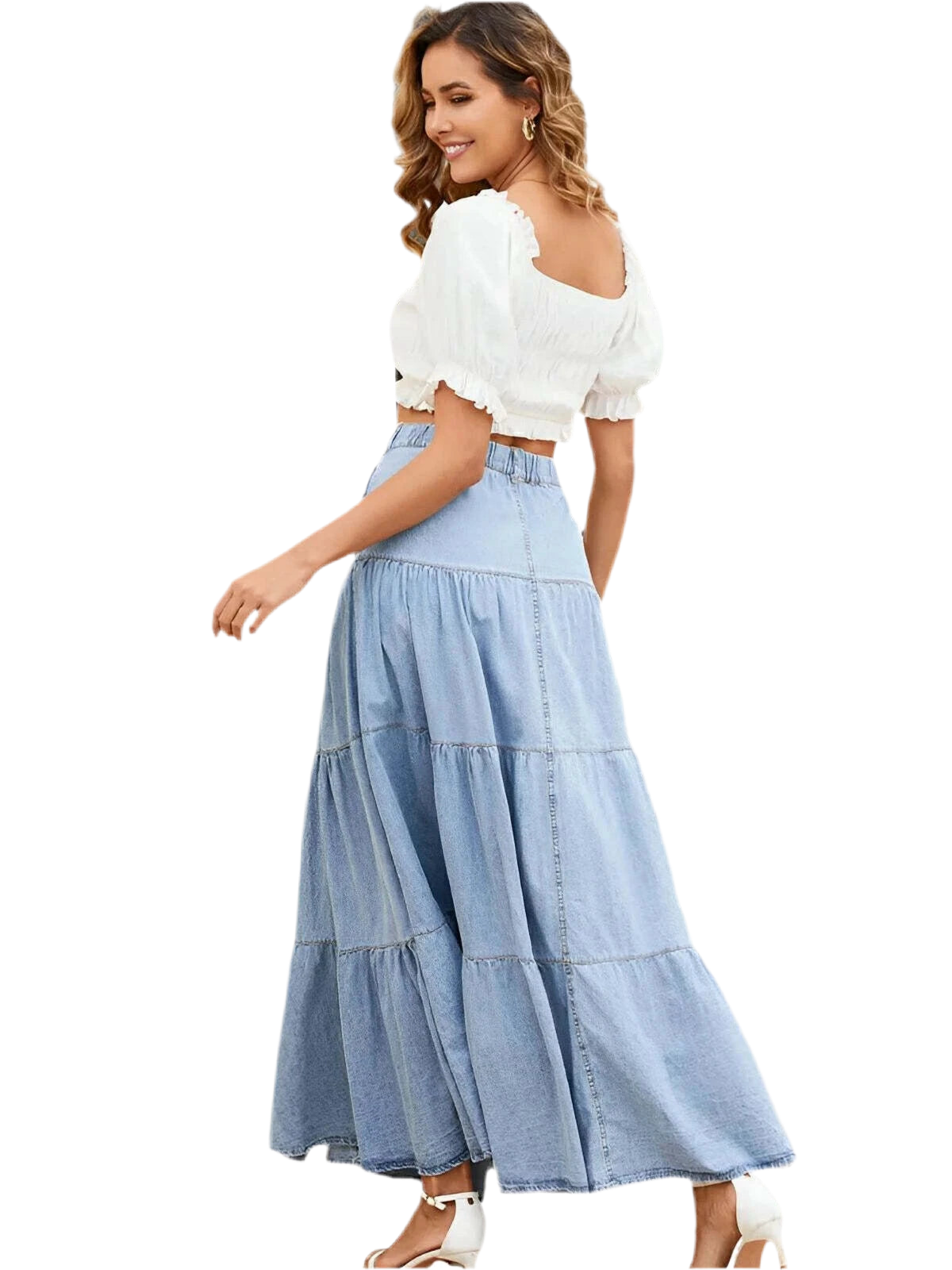 Button Front Tiered Denim Dress