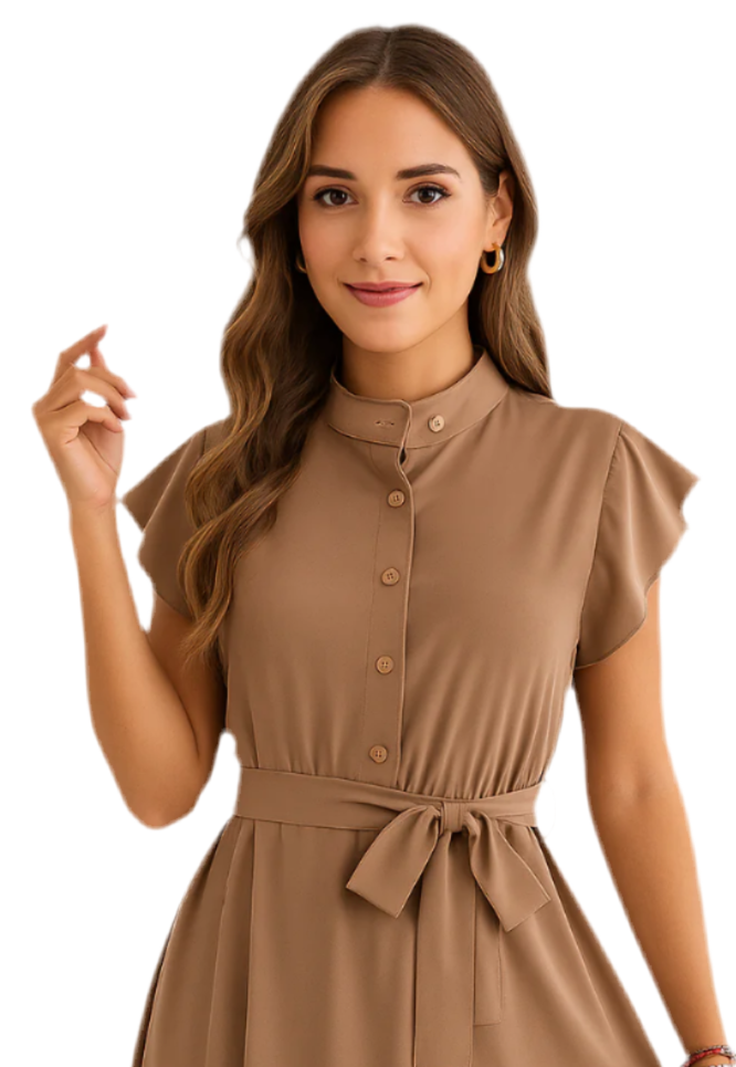 Tie Waist Ruffled Cap Sleeve Dress