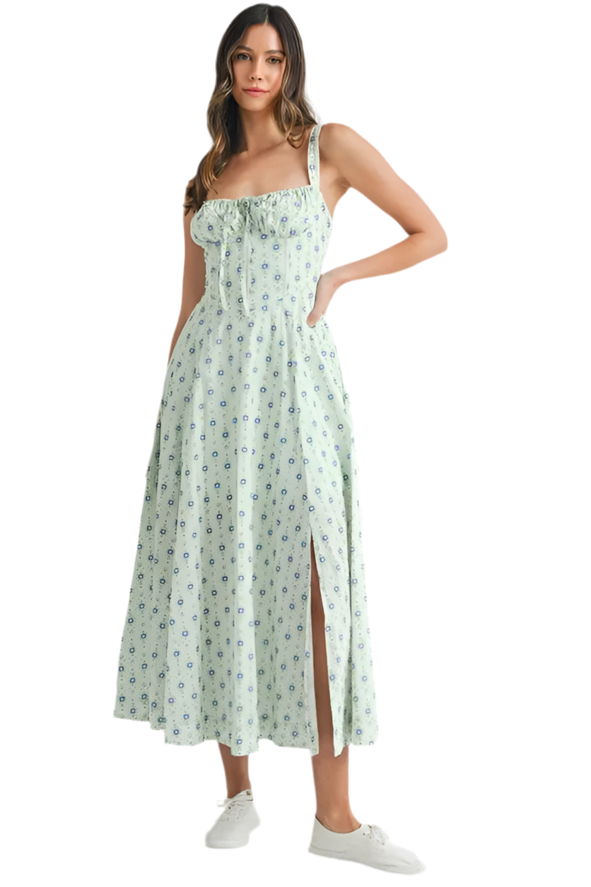 MABLE Floral Print Bustier Back Lace Up Midi Dress