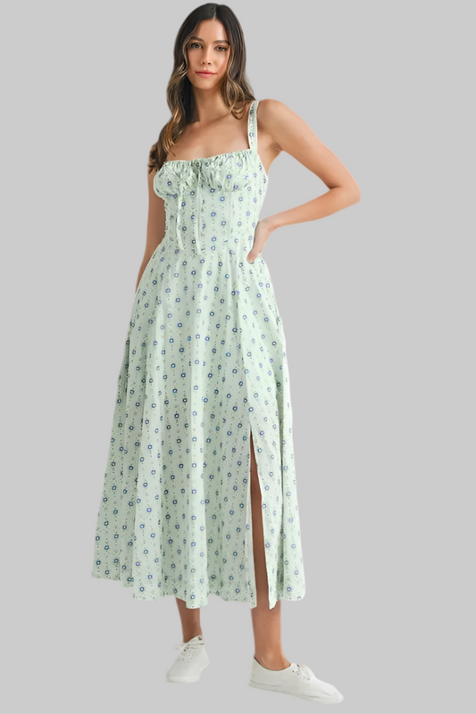 MABLE Floral Print Bustier Back Lace Up Midi Dress