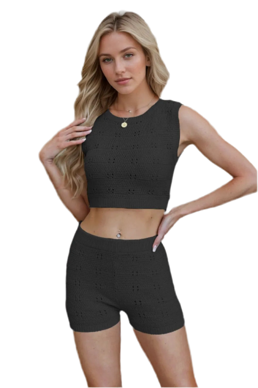 Eyelet Round Neck Tank and shorts Sweater Set