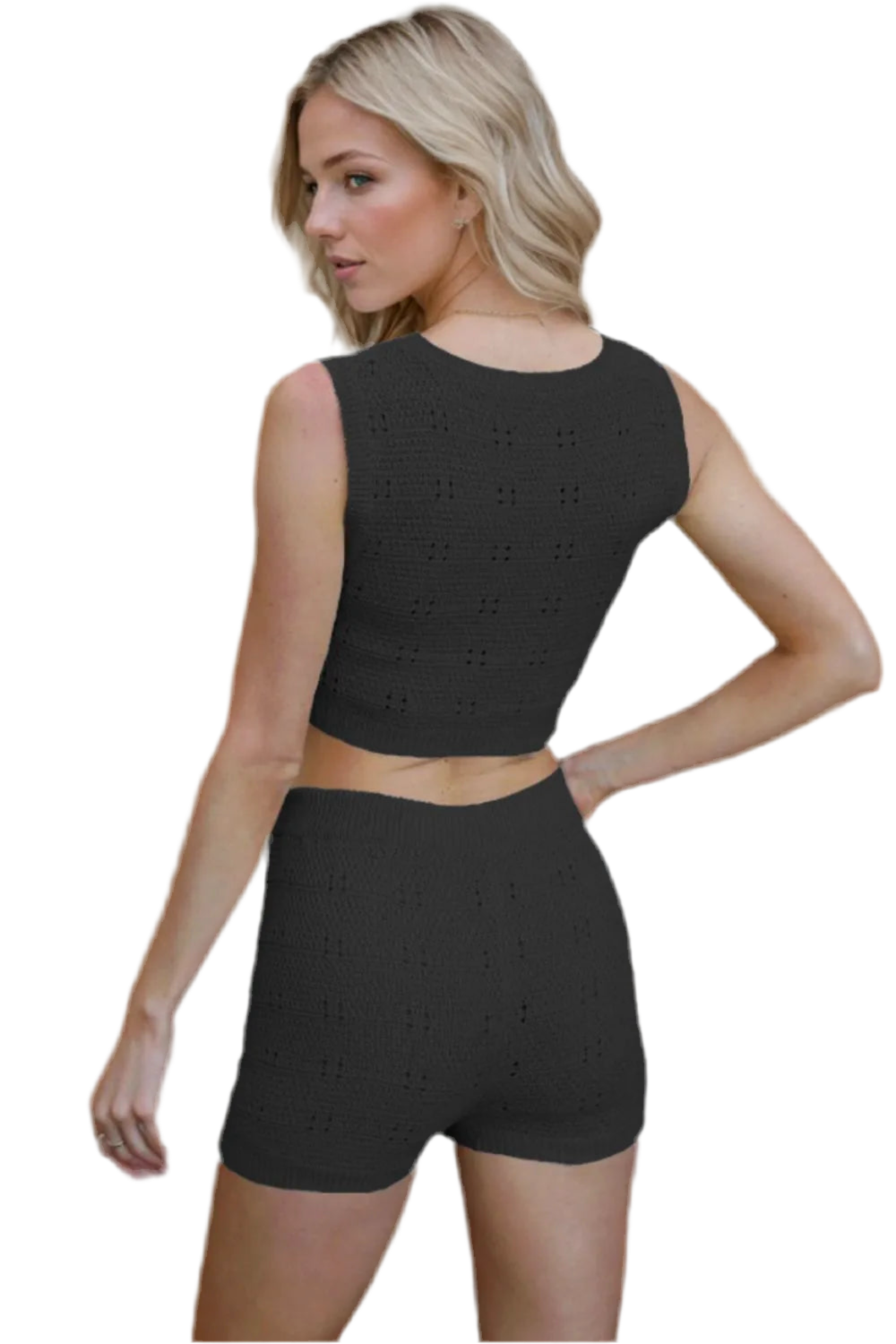 Eyelet Round Neck Tank and shorts Sweater Set