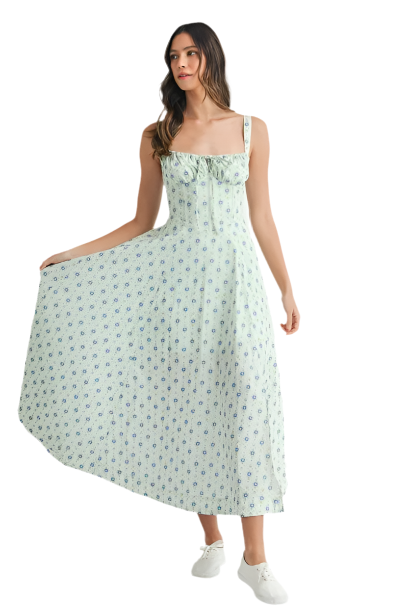 MABLE Floral Print Bustier Back Lace Up Midi Dress