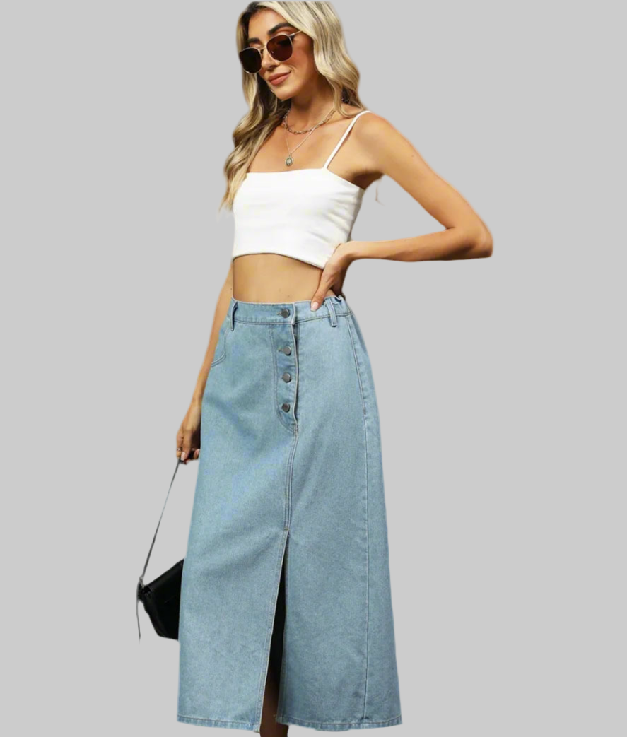 Slit Button Detail Denim Midi Skirt