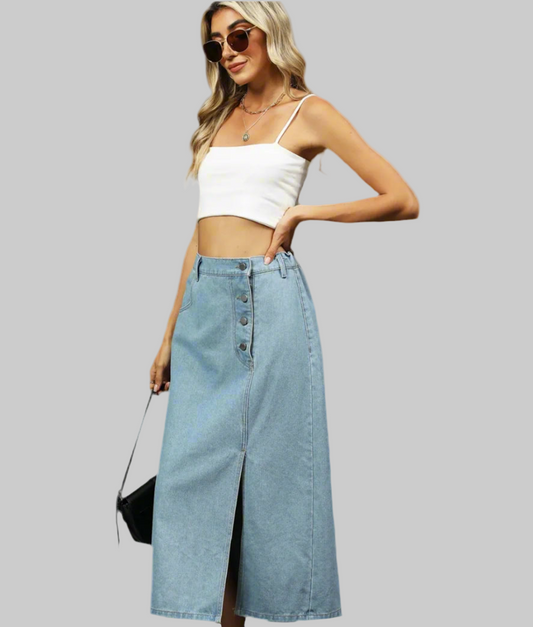 Slit Button Detail Denim Midi Skirt