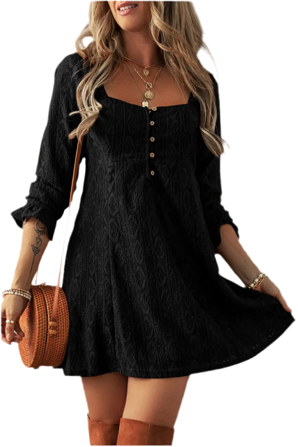 Textured Square Neck Mini Dress