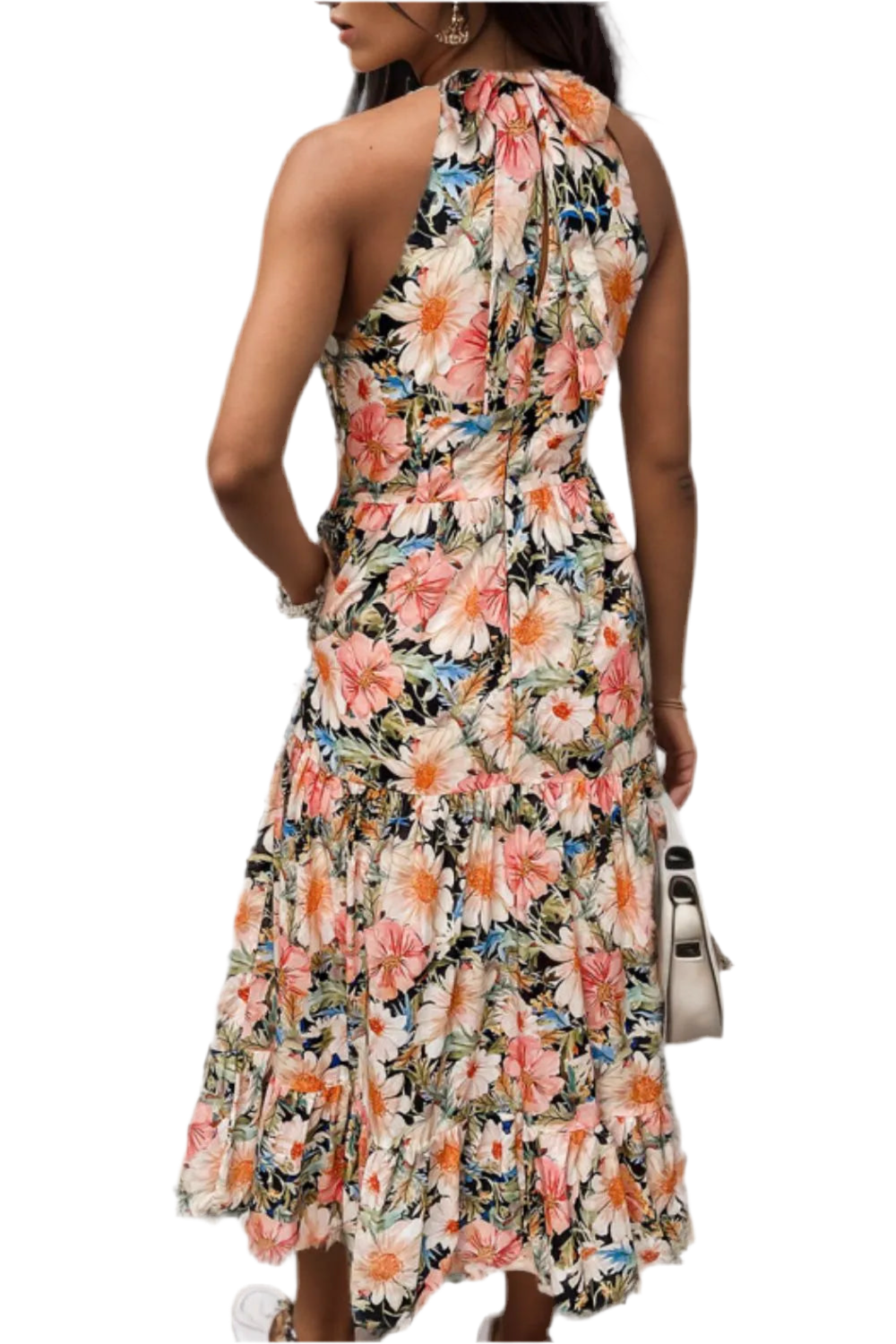 Printed Tiered Pocketed Mock Neck Midi Dress