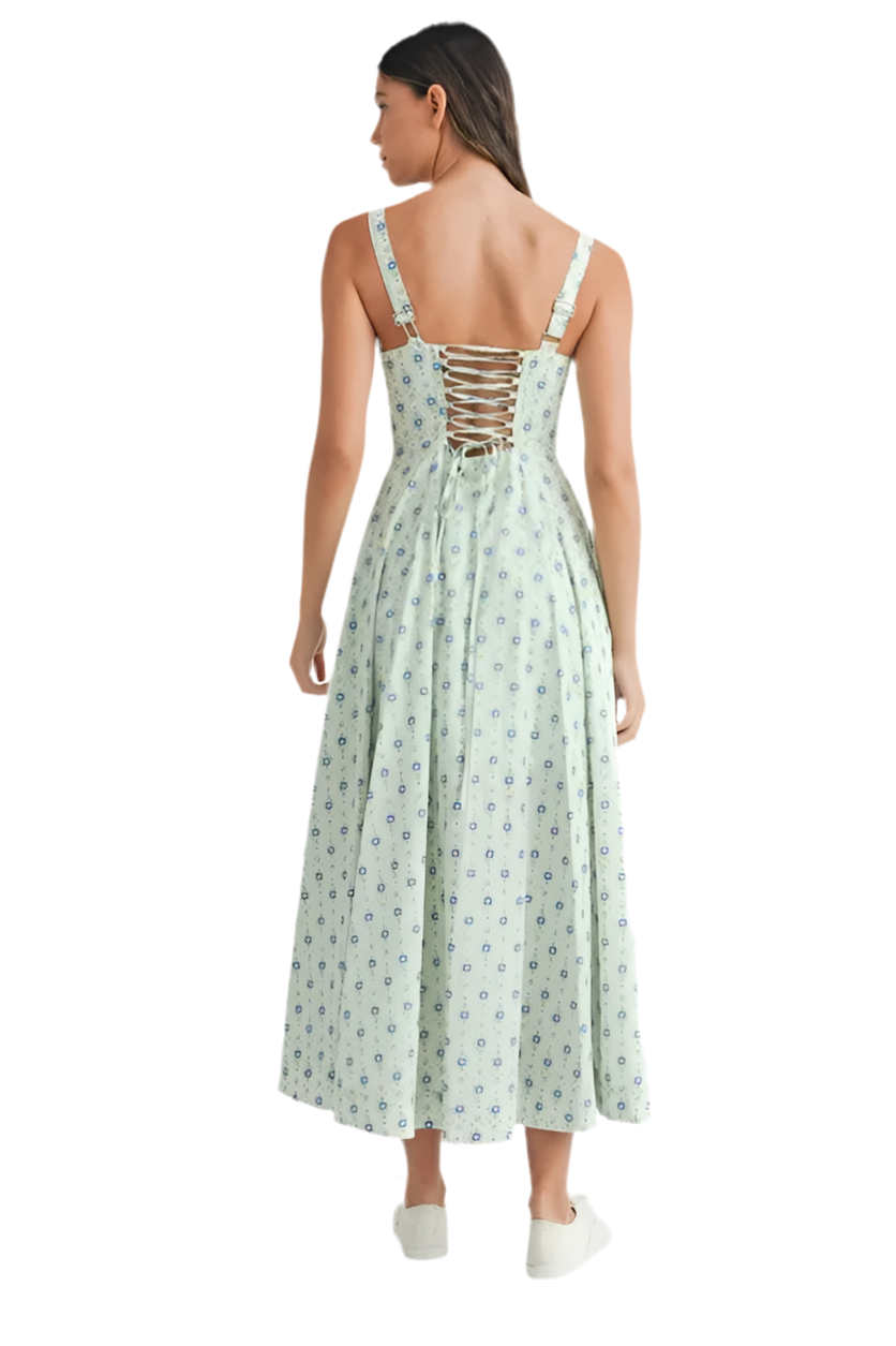 MABLE Floral Print Bustier Back Lace Up Midi Dress