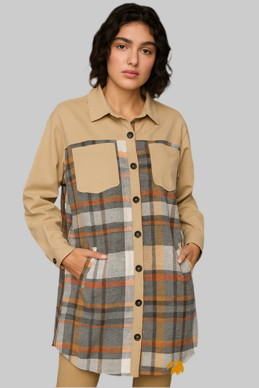 Pocketed Plaid Long Sleeve Mini Shirt Dress