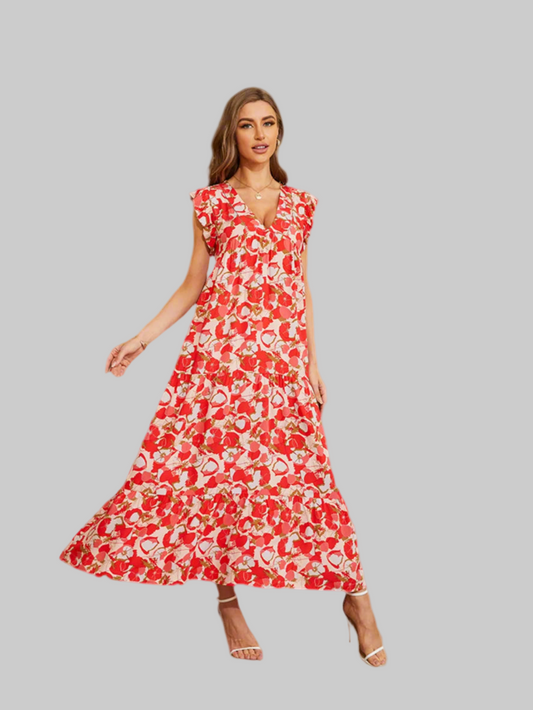 Floral V-Neck Cap Sleeve Summer Dress