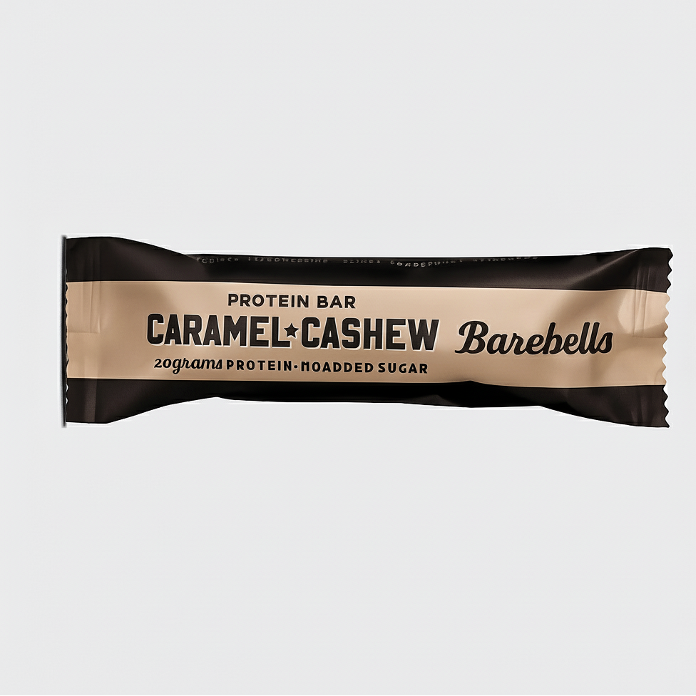 Barebells Caramel Cashew protein bar packaging on a light gray background