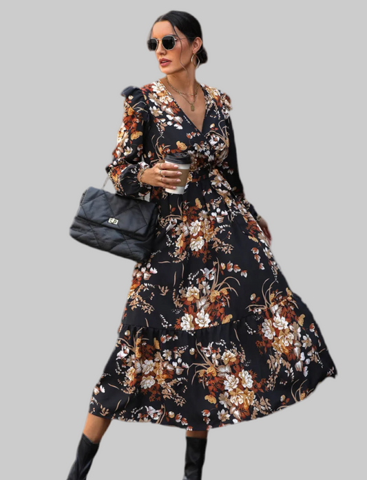 Perfee Floral Surplice Tie Front Ruffle Hem Midi Dress