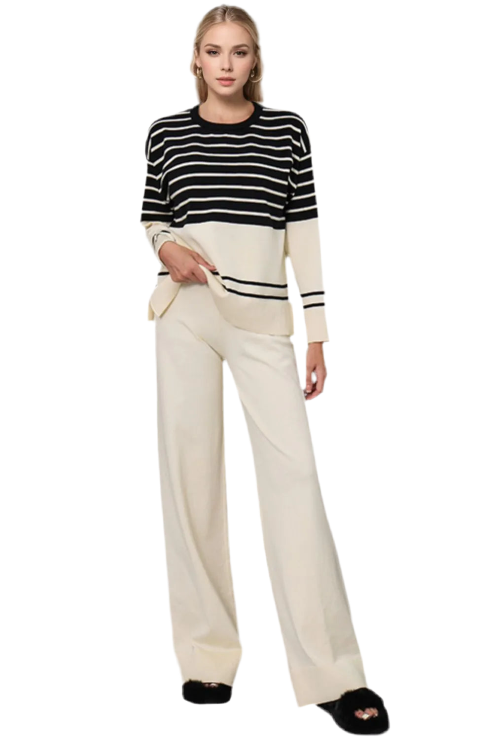 Basic Bae Striped Round Neck Long Sleeve Top and Pants Sweater Set