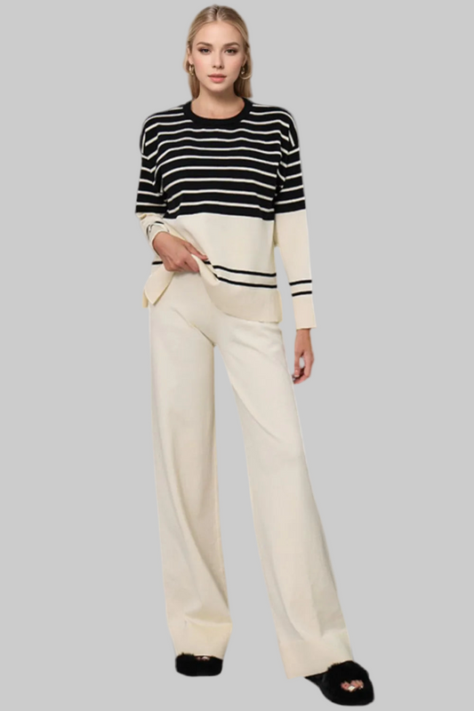 Basic Bae Striped Round Neck Long Sleeve Top and Pants Sweater Set