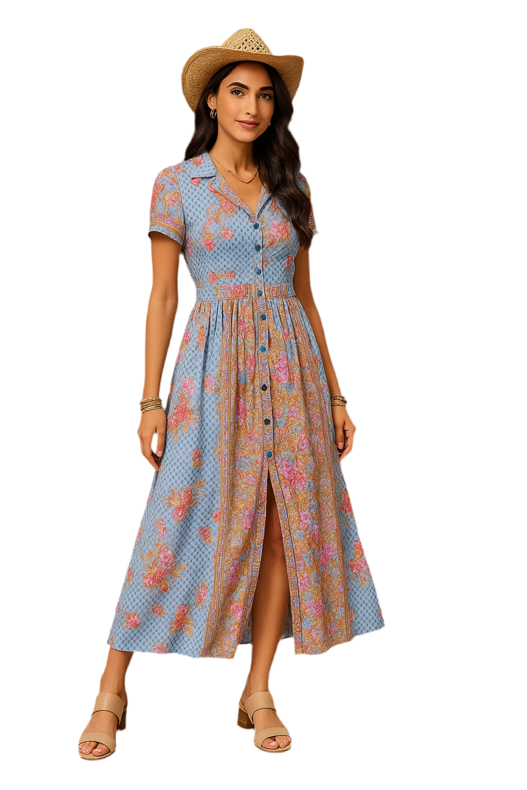 Smocked Floral V-Neck Short Sleeve Midi Dress