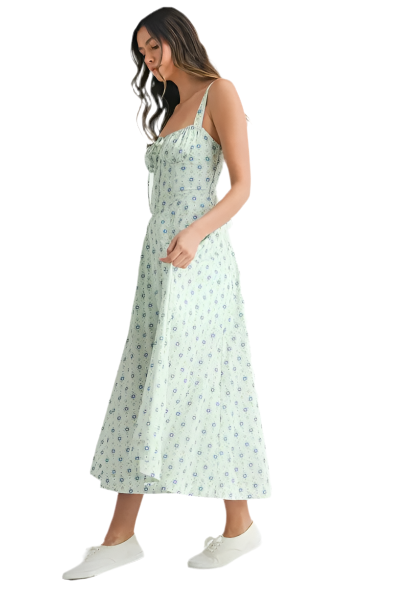 MABLE Floral Print Bustier Back Lace Up Midi Dress