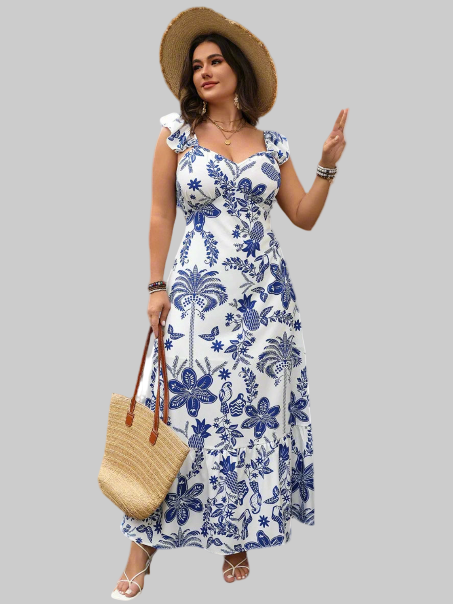 Plus Size Ruffled Printed Sweetheart Neck Maxi Cami Dress