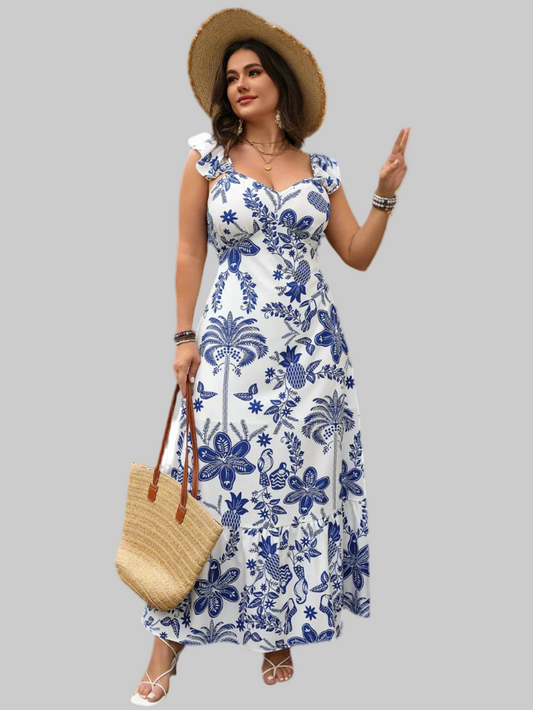 Plus Size Ruffled Printed Sweetheart Neck Maxi Cami Dress