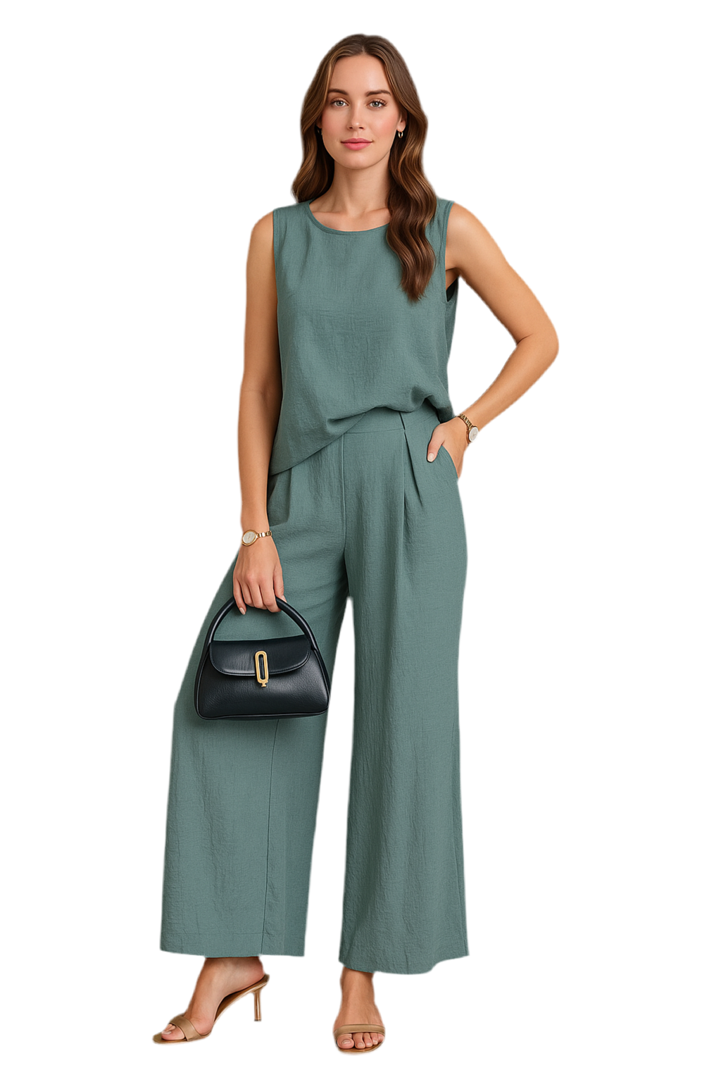 Round Neck Sleeveless Top and Wide Leg Pants Set