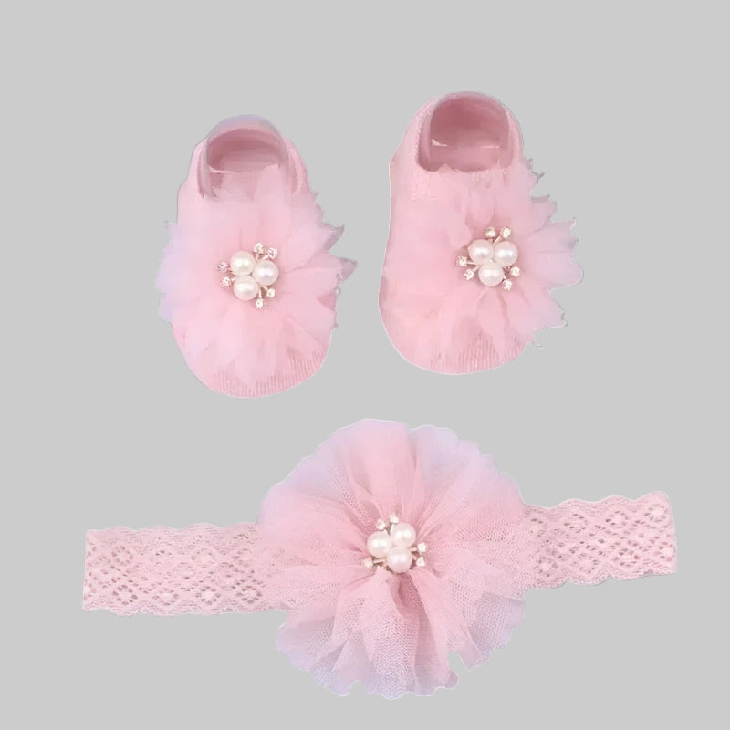 Cute Pearl Bows Baby Headband Socks Set