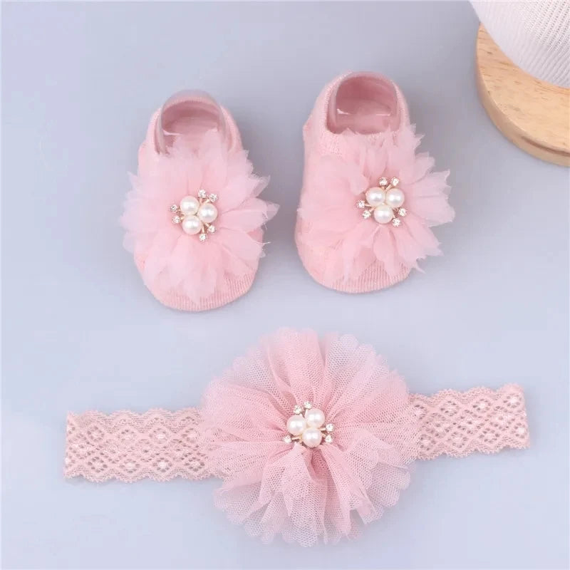 Cute Pearl Bows Baby Headband Socks Set