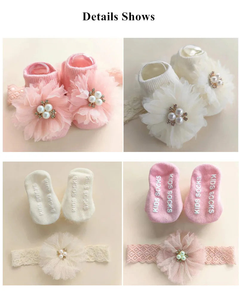 Cute Pearl Bows Baby Headband Socks Set