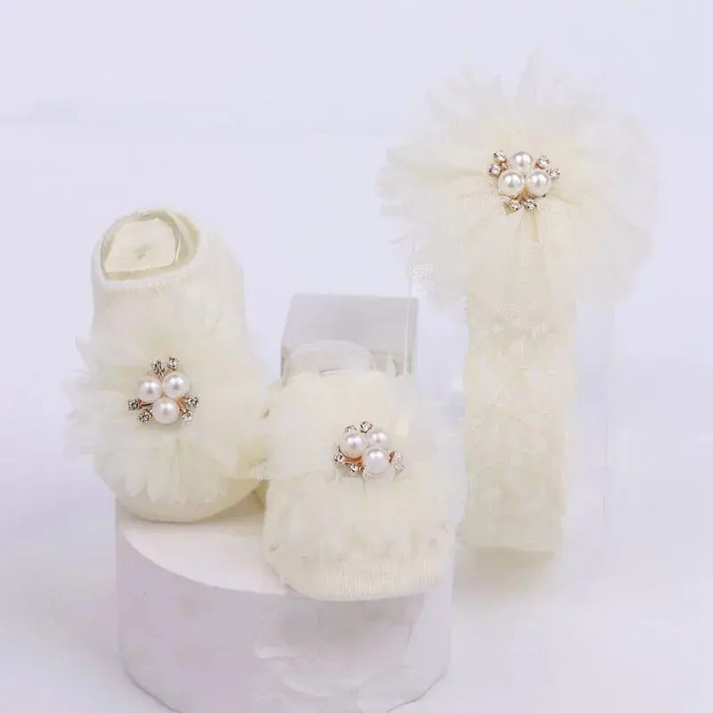 Cute Pearl Bows Baby Headband Socks Set