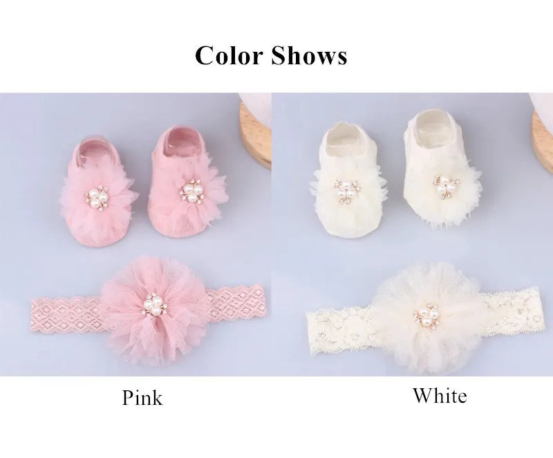 Cute Pearl Bows Baby Headband Socks Set