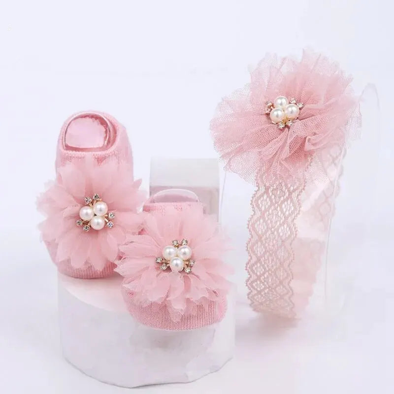 Cute Pearl Bows Baby Headband Socks Set