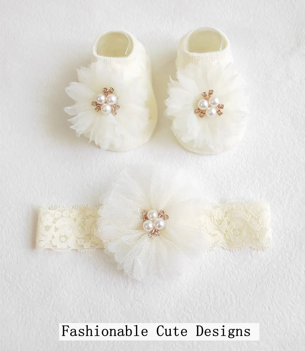 Cute Pearl Bows Baby Headband Socks Set