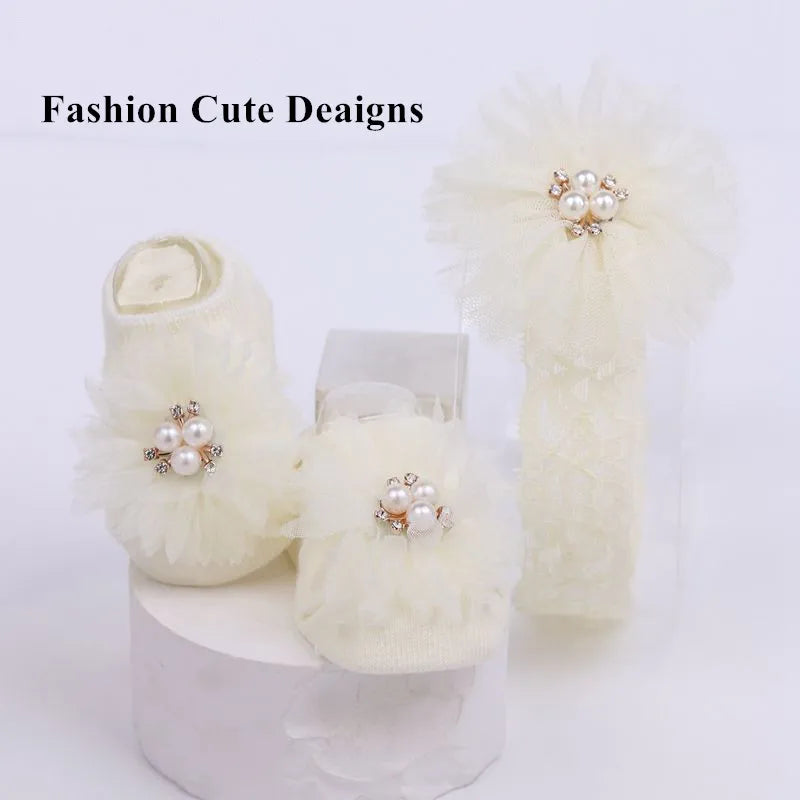 Cute Pearl Bows Baby Headband Socks Set